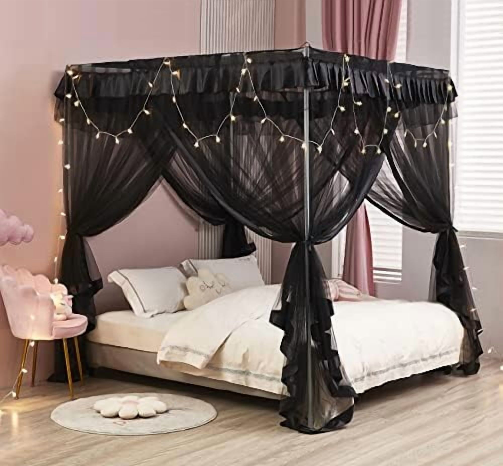 Simple 4 Corners Post Canopy Bed Curtains Bed Drapes (Twin XL, Black)