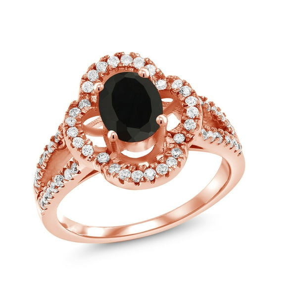 Gem Stone King 1.97 Ct Oval Black Onyx 18K Rose Gold Plated Silver Ring (Size 7)