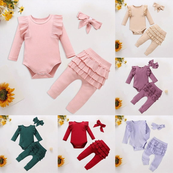 18-24 Months Newborn Baby Three Piece Ribbed Ruffle Long Sleeve Bodysuit And Pants Set With Bow Sleep & Play One-Piece Bodysuit Newborns Everyday Wear