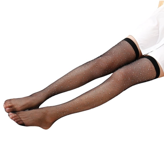 Women's Sparkling Rhinestones Studded Over Knee Socks Hollowed Out Mesh Long Stockings Lingerie for Party Wear