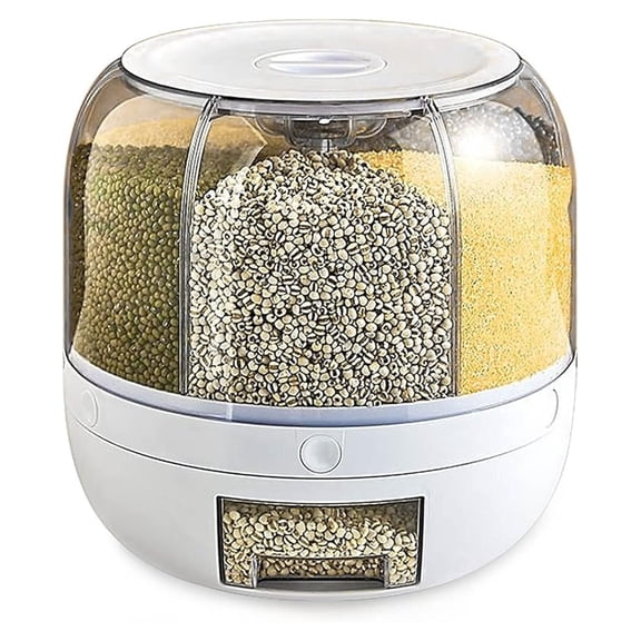 6 Grid Dry Food Dispenser, Round Rotatable Countertop Rice Coffee Bean Dispenser Cereal Dispenser Storage Box, White 22lbs Capacity