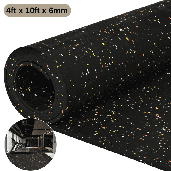 WANLISELL Rubber Gym Flooring Roll, 6mm Thick Heavy Duty Gym Floor Equipment Mats, Non-Slip & Shock Absorption, 4' x 10'