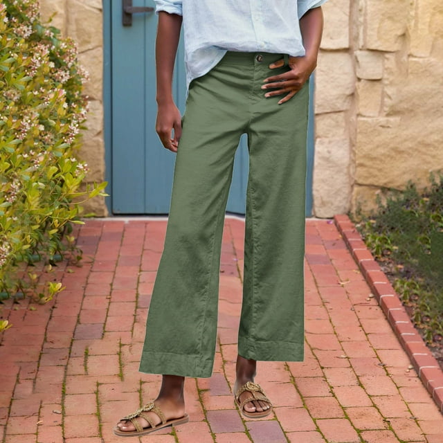 LOVZFMLL Women's Pants, Casual Drawstring Elastic Waist Linen Capri Pants Army Green, S