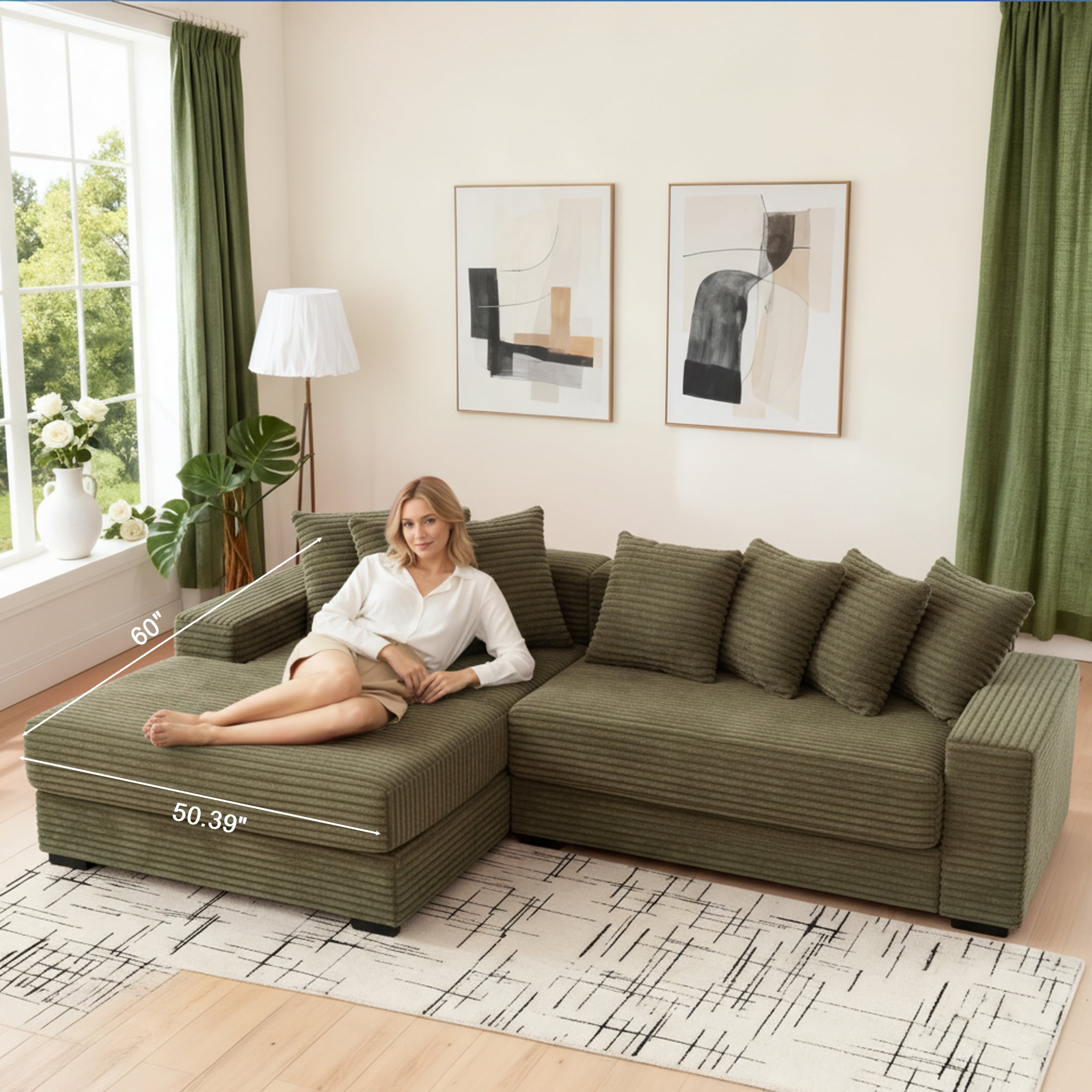 EPOWP Modular Sectional Sofa with 8 Pillows, 111" L Shaped Deep-Seating Couch for Living Room, Green(Left)