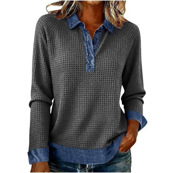 HAPIMO Women's Waffle Knit Shirts Lightweight Casual Workout Blouses Denim Accent Long Sleeve Lapel Tops Quarter Button Pullover Tops Gray XXL