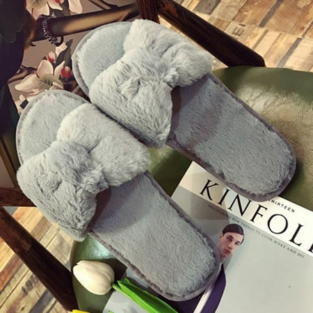 

SUODUI Women s Slippers Women Warm Solid Bow Knot Plush Soft Slippers Indoors Floor Bed Room Shoes Gray 6.5-7