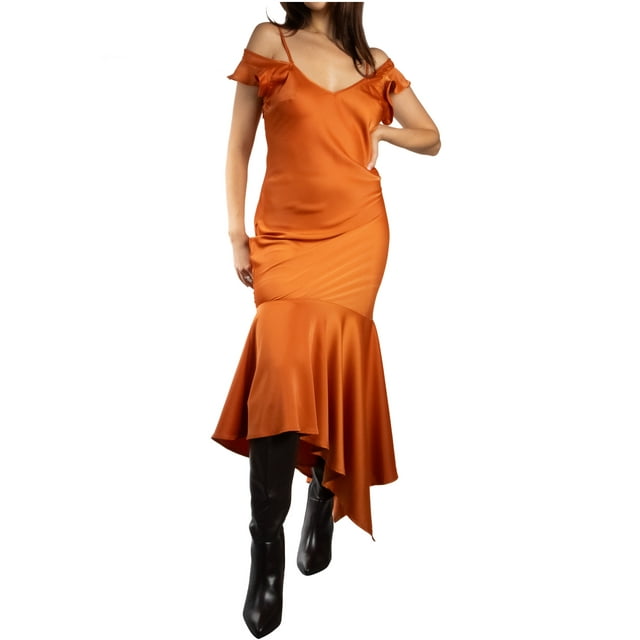Jess por Meiko Vestido de Mujer de Manga Larga Cuello en V Con Cremallera Vestido Deslizante Asimétrico con Mangas de Mariposa Color Naranja Calabaza