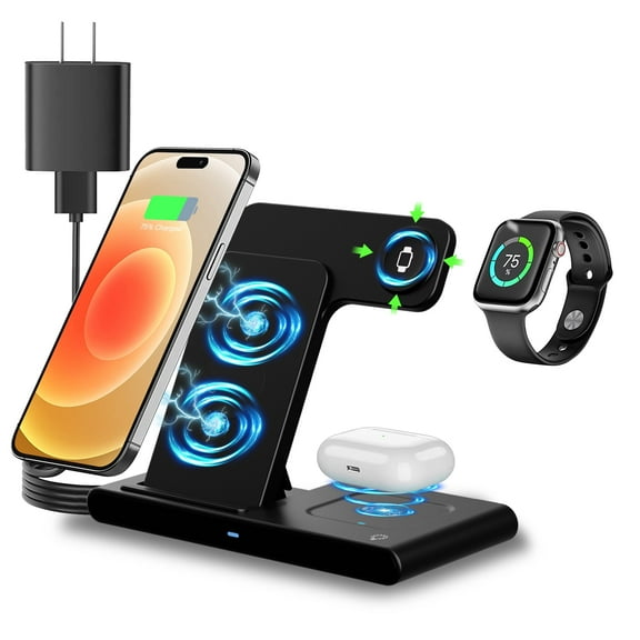 Wireless Charger Station,3 in 1 Fast Charging Stand Compatible with iPhone 16 15 14 13 12 11 Pro Max Plus XS XR SE X 8,Magnetic Charger for Apple Watch 9 8 7 6 5 4 3 2 1, For AirPods 3 2 Pro Black