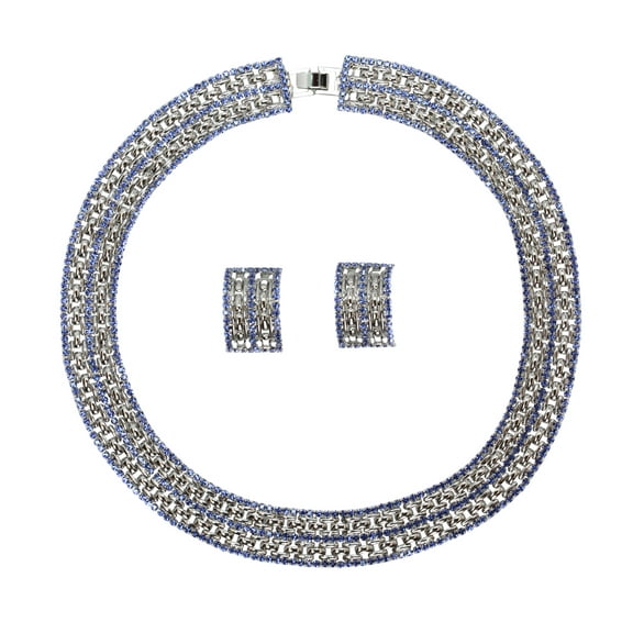 Faship Blue Crystal Rhinestone Panther Link Choker Necklace Earrings Set