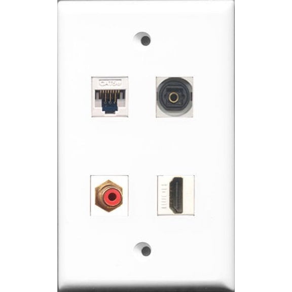 RiteAV 1 Port HDMI and 1 Port RCA Red and 1 Port Toslink and 1 Port Cat5e Ethernet White Wall Plate