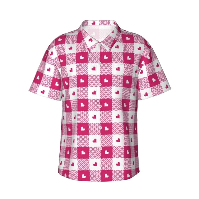 Balery Plaid Heart Camisas hawaianas de manga corta para hombre, camisas playeras de corte holgado, camisas de vacaciones con botones,Small
