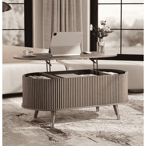 JOINICE Coffee Table with Lift Top,42.5” Fluted Center Table with Hidden Compartment ,Mid Century Modern Oval Coffee Tables for Living Room,Apartment,Walnut