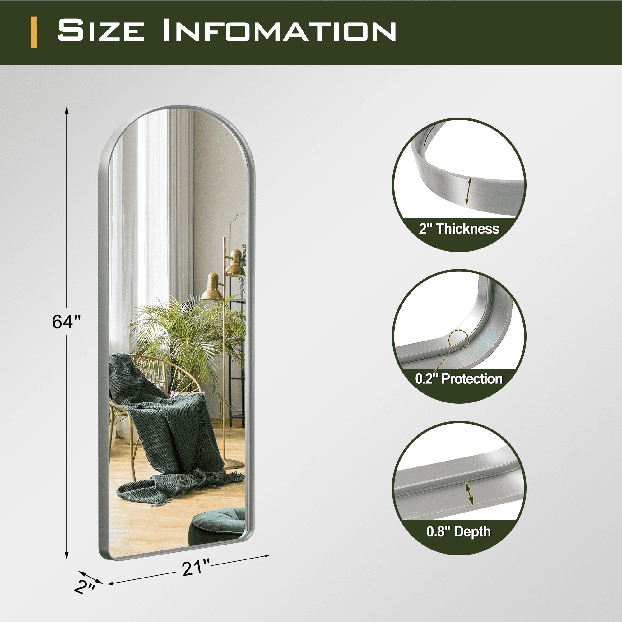 64"x21" Aluminum Alloy Wall Mount Rounded Corner Arched Mirror,Silver Vertical hanging without bracket