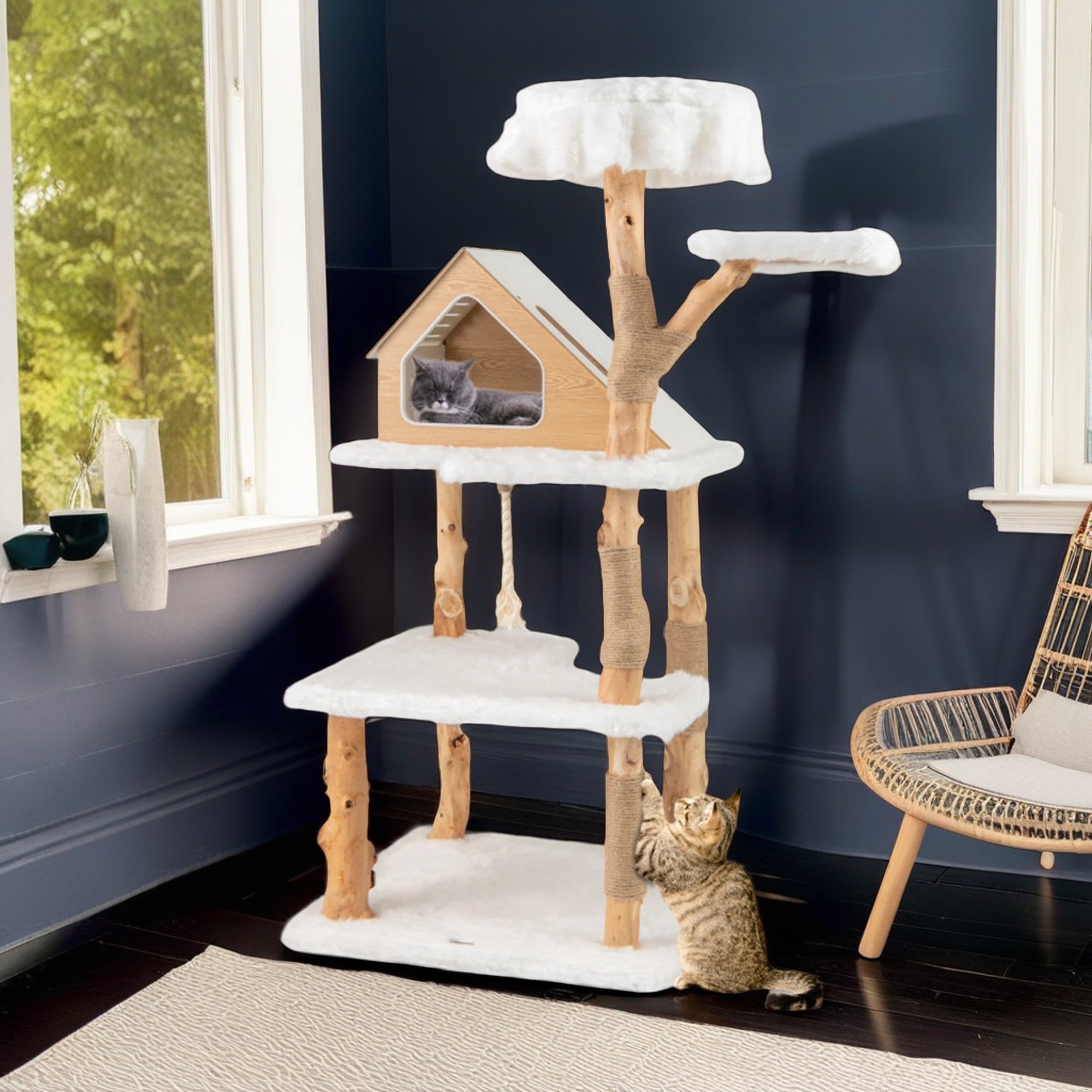 resenkos 60" Modern Cat Tree Tower for Indoor Cats with Perch, Cat Condo, Solid Wood Cat Tree House with Scratching Posts for Large Cats, White