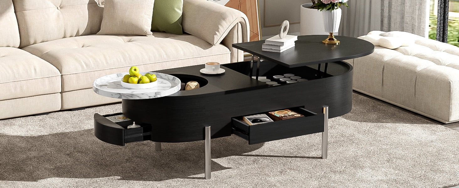 Euroco 47.2''Lift Top Coffee Table with 360-degree Marble-patterned rotating tray,Hidden Compartment, Partially Assembled Wooden Center Table, Modern Oval Lift Tabletop