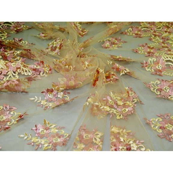 Embroidered Lace Tulle Dress Fabric Lemon - per yard