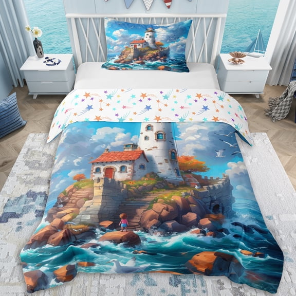 Erosebridal Coastal Lighthouse Cottage Twin Bedding For Boys Girls,Teens Ocean Beach Sunset Duvet Cover Set,Ultra Soft Home Decor,2pcs,No Comforter