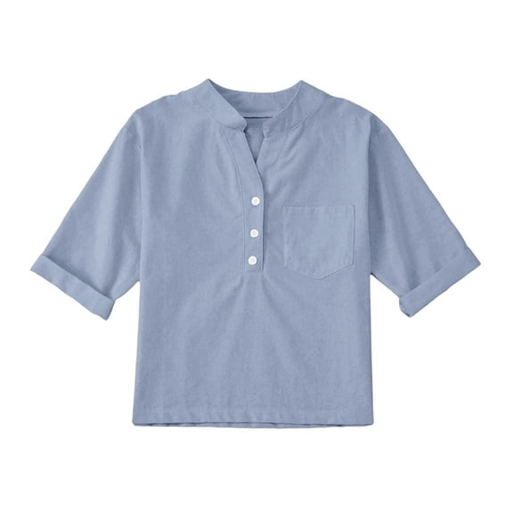 DeHolifer Girls Shirts Cotton Linen V-Neck Button Solid Color Summer Casual Short Sleeve Shirts Tops with Pocket,Sky Blue,5-6Years