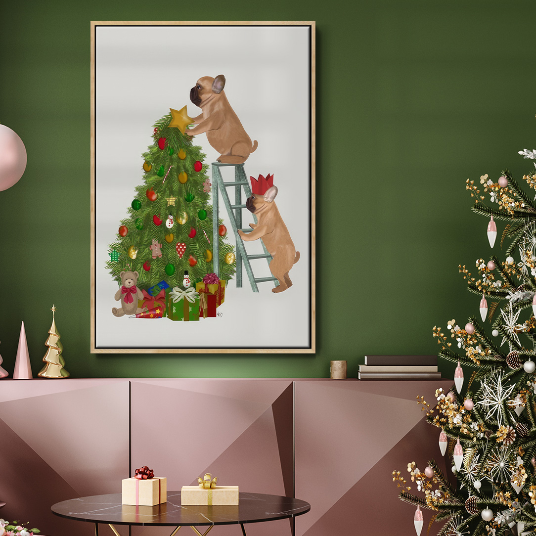 Christmas French Bulldog Tree Ladder - Framed Gallery Wrapped Holiday Canvas - 27 x 41 - Natural Wood Frame