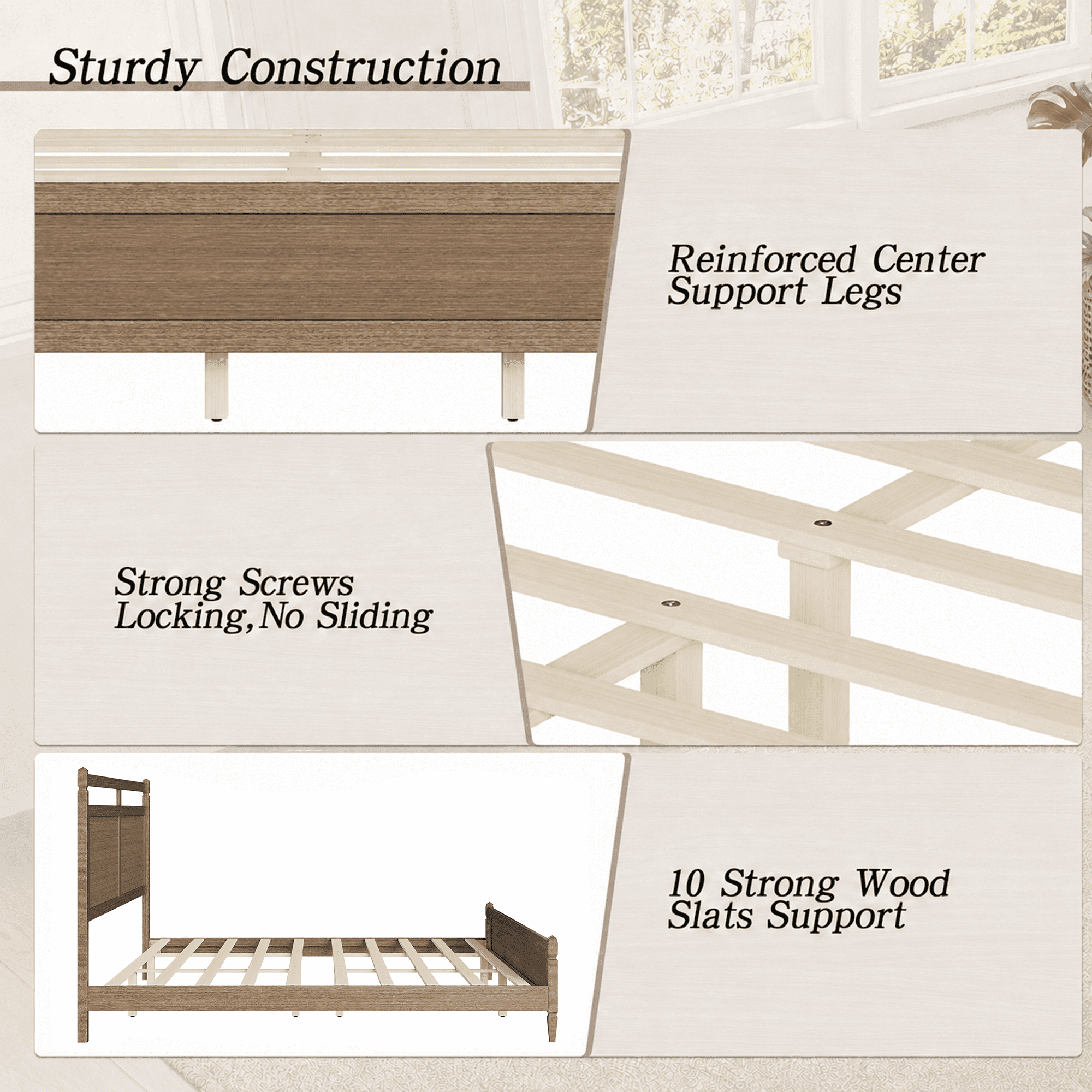 Euroco Modern Wood King Size Platform Bed, Mid-Century Bed Frame with Panel Headboard, No Box Spring Needed, Gray Oak
