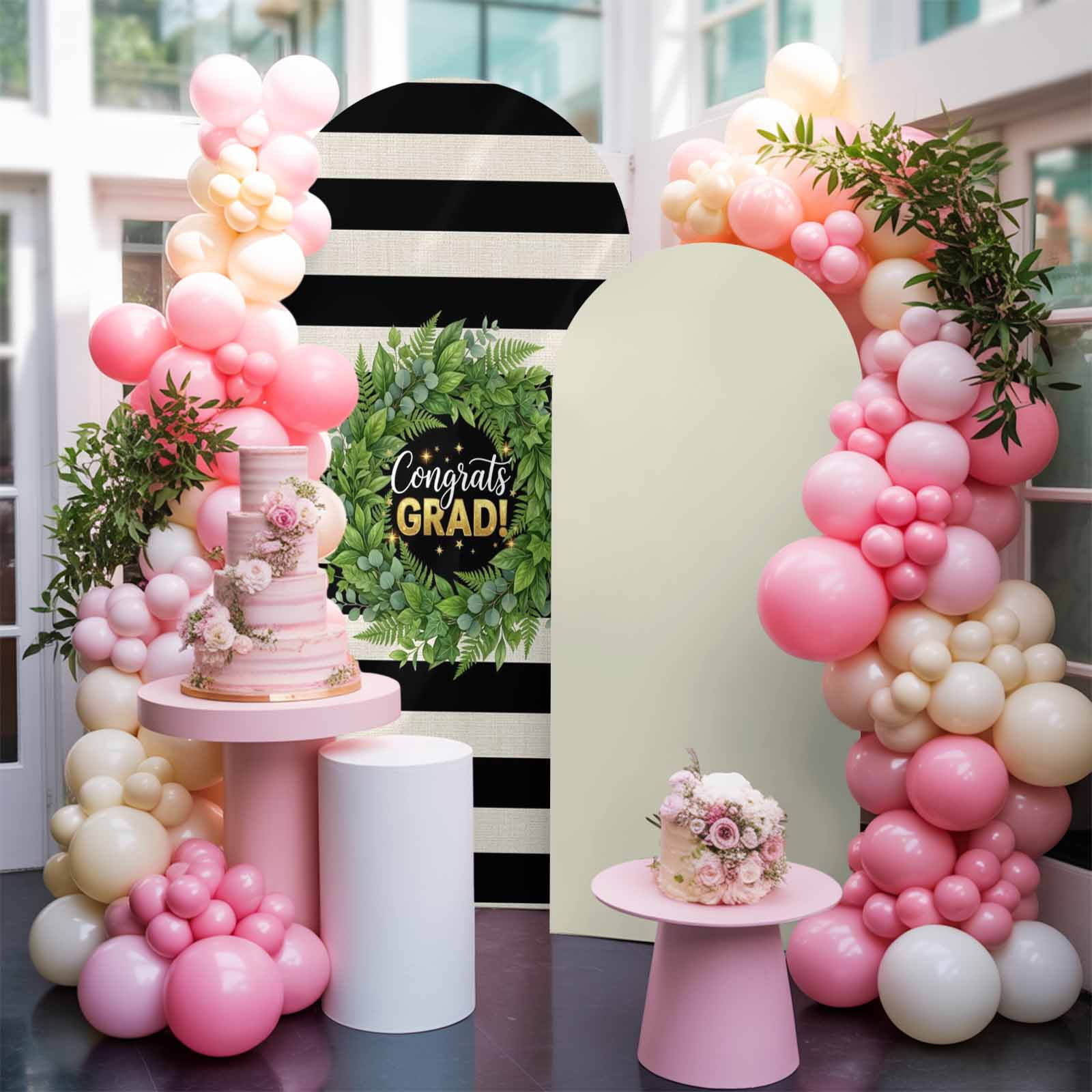 Graduate Season Arch Backdrop Cover 5 FT Congrats Grad Bachelor's Cap Leaf Wreath Black Stripes Stretchy Arch Stand Covers Spandex Arched Background Birthday Wedding Party Decoration (No Stand)