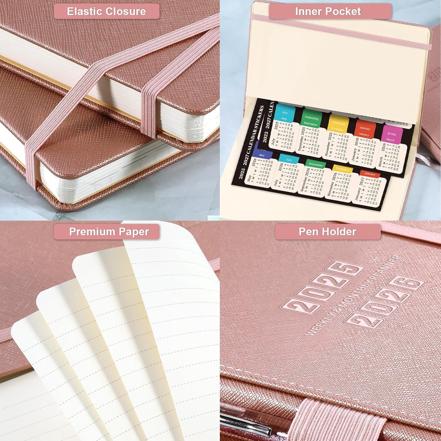 2025-2026 Planner - Academic planner 2025-2026, 25-26 Planner Weekly and Monthly, 5.75" x 8.25", Jul. 2025 - June. 2026, Saffiano Leather with Thick Paper, Back Pocket with 40 Notes Pages - Rose Gold