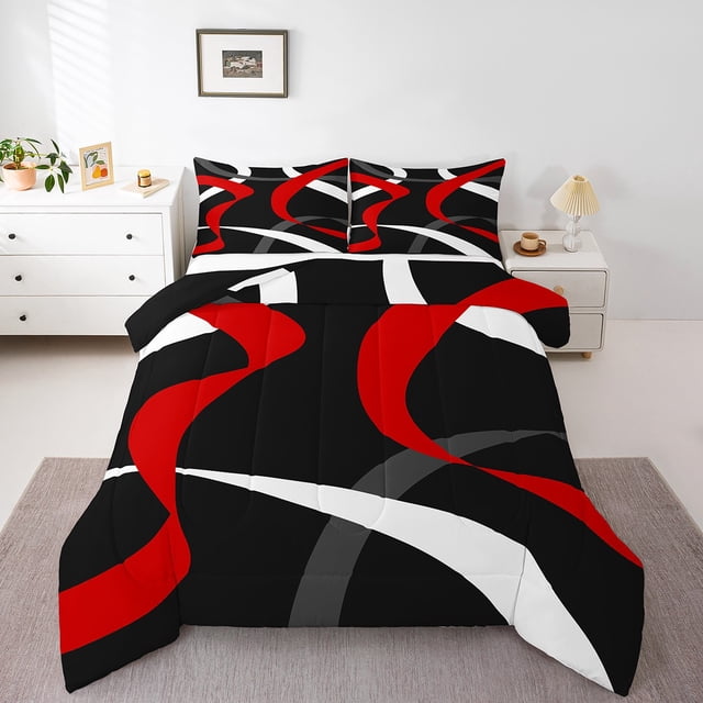 Erosebridal Modern Stripe Comforter Sets Queen Size,Abstract Lines Bedding Queen Comforter Set,Black Pink,Reversible,Ultra Soft,3 Pieces