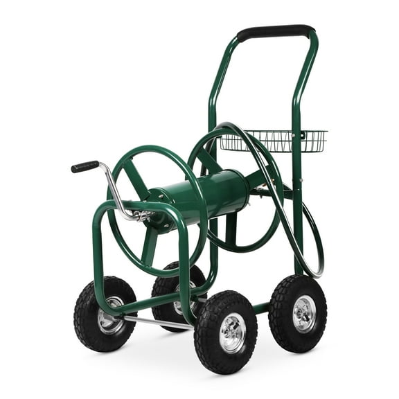 BIQWBIC 300ft Heavy Duty Hose Reel Cart - Steel Garden Water Hose Storage Cart with 8" Wheels, Foam Grip Handle, Outdoor Yard Hose Reel for Lawn & Garden (Green)