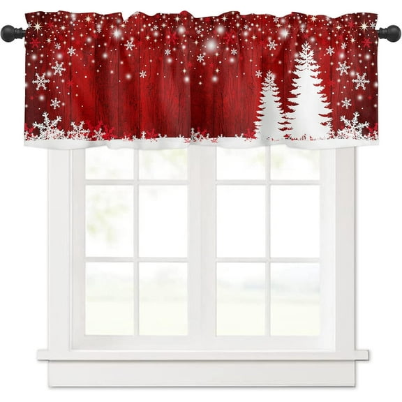 Christmas Curtain Valances for Kitchen Windows 54x18 Inch Xmas Tree Snowflake Red Rod Pocket Valance Window Treatments 1 Panel Short Curtains for Bedroom Bathroom Living Room Decor