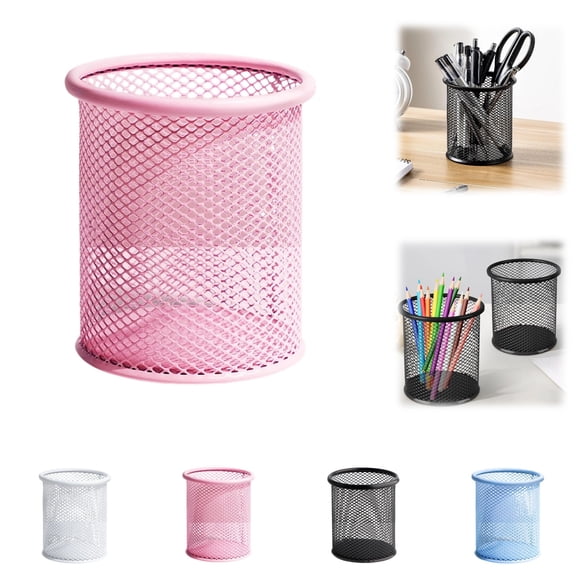 Mesh Metal Pen Cup Holder - Steel Desk Organizer for Pens, Pencils & Stationery - Office, Home, Supplies (Pink)