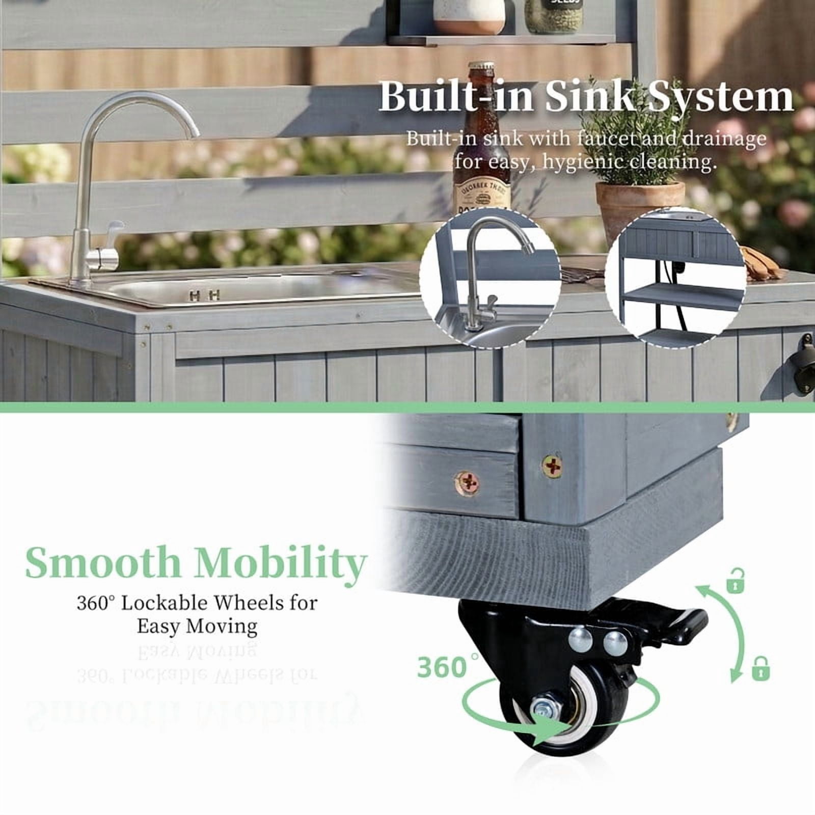 4-Piece Outdoor Kitchen Island Set, BBQ Rolling Grill Table with Sink, Versatile Backyard Storage Serving Cart with Potting Bench