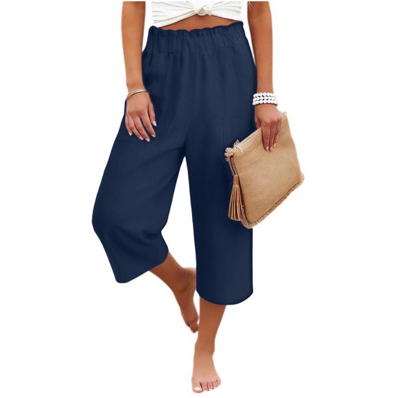 WRFWUL Womens Cotton Linen Pants Ruffle Elastic High Waist Cropped Capri Pants Beach Vacation Trousers