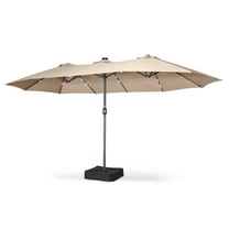 Home Zone Living 15x9 Ft Double Head Patio Umbrella with Base, 36 LED Lights, Sand Bags, UV resistant & Waterproof, 213 LBS Total Weight, Beige Tan