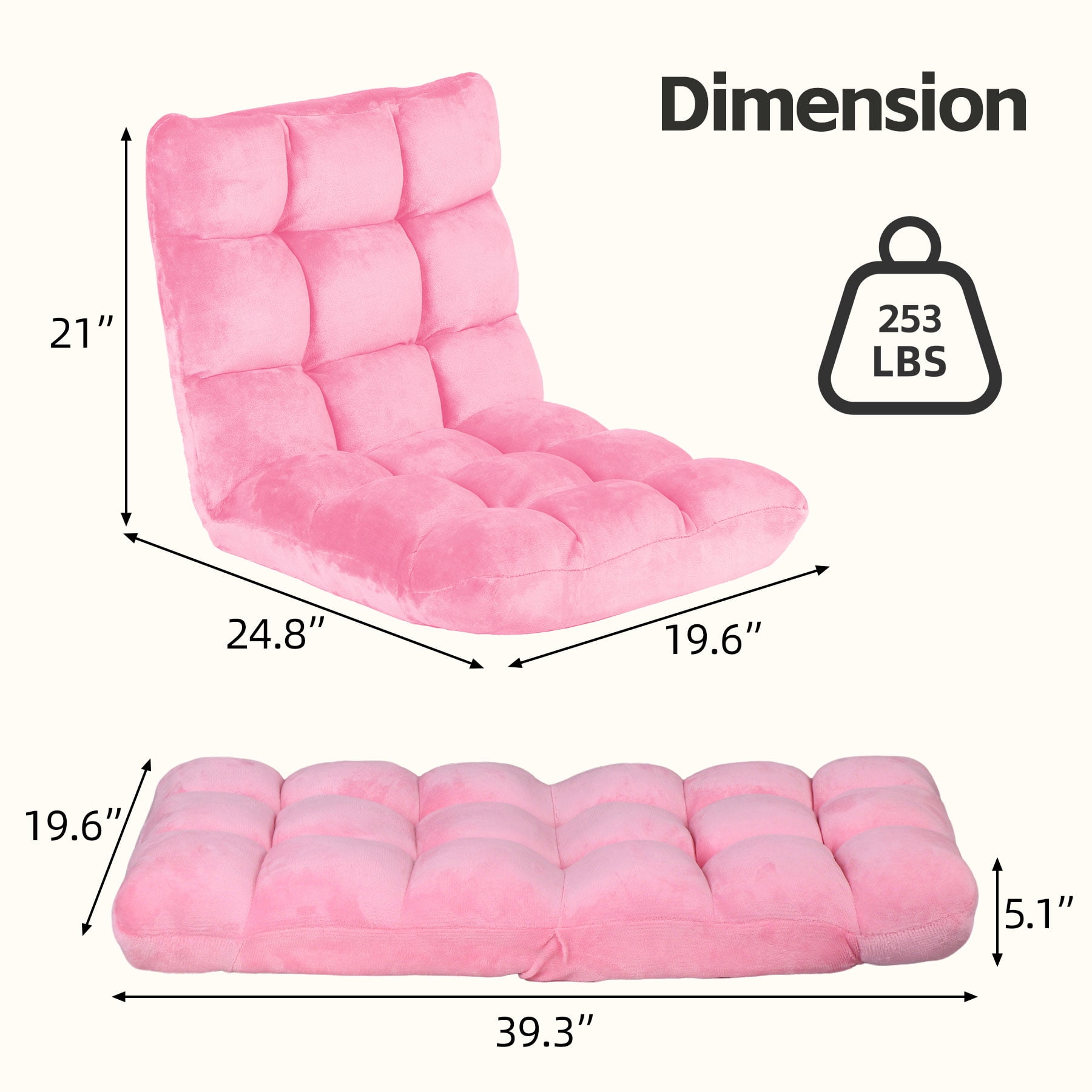 HomGarden 14-Position Adjustable Floor Chair Padded Folding Gaming Sofa Chair Pink