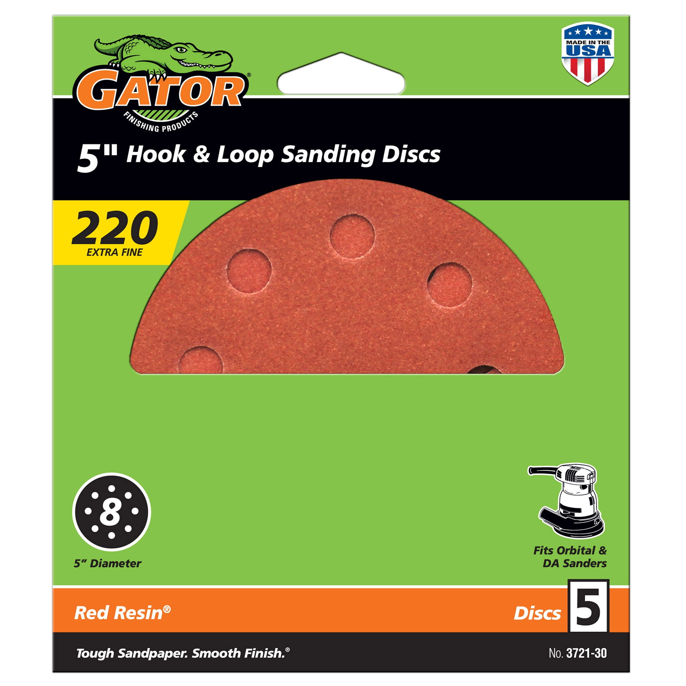 Gator 5-inch 8-Hole Red Resin Aluminum Oxide Multi-Surface Hook and Loop Sanding Discs, 220-Grit, 5-pack