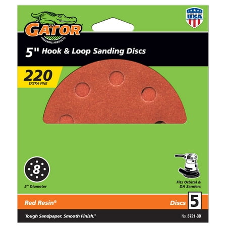 

Gator 5-inch 8-Hole Red Resin Aluminum Oxide Multi-Surface Hook and Loop Sanding Discs 220-Grit 5-pack