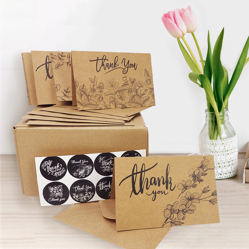 144 Bulk Brown Kraft Thank You Cards with Envelopes & Stickers, 8 Elegant Designs, 4x6 inch