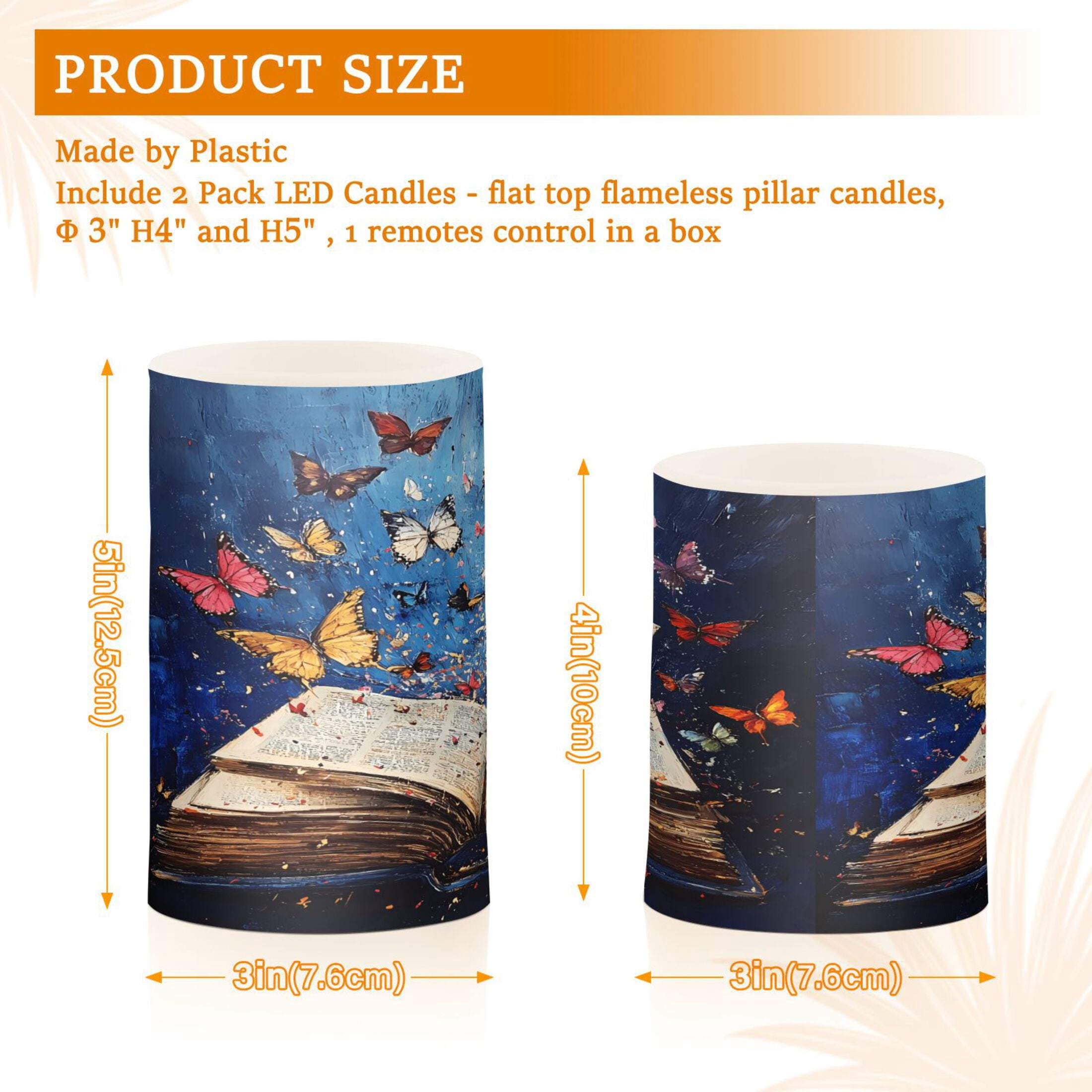 Flickering Flameless LED Candles set of 2 Battery Operated 18-Key Remotes Timer Halloween Fall Decor Colorful Butterflies Fly on Book D3''xH4''5''
