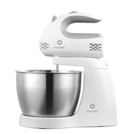 Max Life 3.2 Quarts Stand Mixer - 5-Speed Electric Powerful Stand Mixer, White, with Stainless Steel Bowl, Dough Hooks, Beaters,