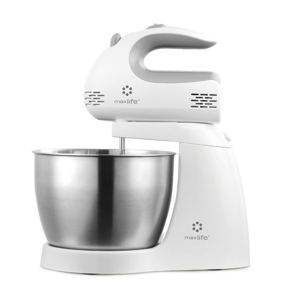 Max Life 3.2 Quarts Stand Mixer - 5-Speed Electric Powerful Stand Mixer, White, with Stainless Steel Bowl, Dough Hooks, Beaters,