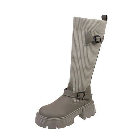

Qufokar Knee High Leather Boots for Women Women S Mid Calf Winter Snow Boots Women Mid Calf Boots Autumn And Winter Fashion Knit Belt Buckles Decoration Comfortable Round Toe Thick Square Heels