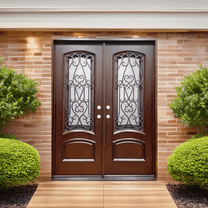 72" x 80" Environment Damage Resistant Polyurethane Composite Exterior Entry House Front Door, Openable Tempered Rain Glass Window, Right-Hand Double Door Inward Swing Dark Walnut