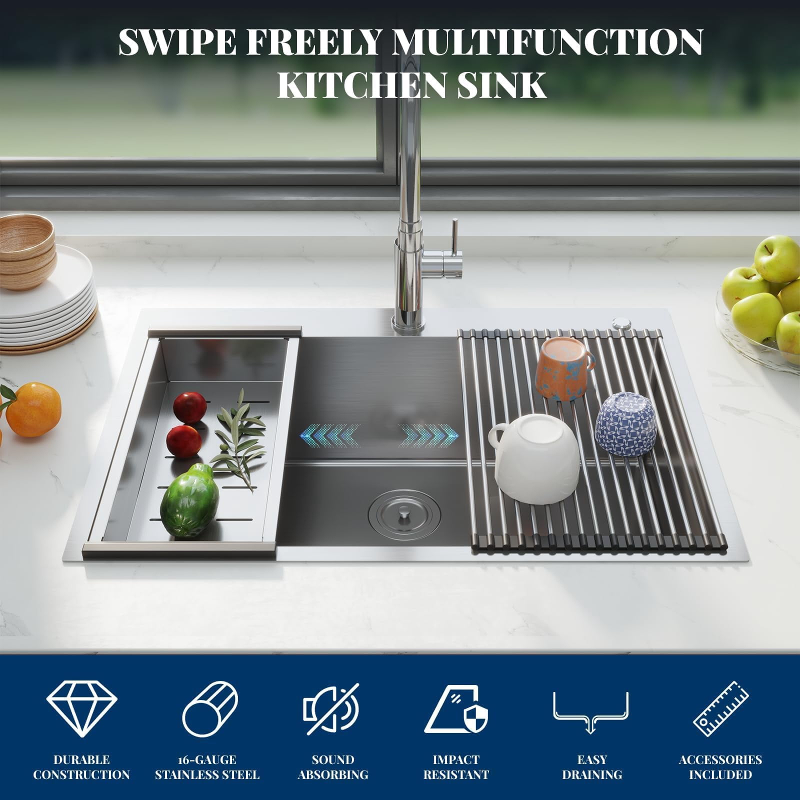 36 x 22 Inch Drop-In Kitchen Sink, T304 Stainless Steel Single Bowl Top Mount, 10" Deep Flush Rim, Brushed Finish, Bottom Grid and Drain Included