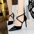 thumbnail image 5 of Zapatos de tacón fino y poco profundo para banquetes, sandalias con punta afilada de terciopelo y cinturón cruzado, zapatos de tacón clásico para boda para mujer, 5 of 5