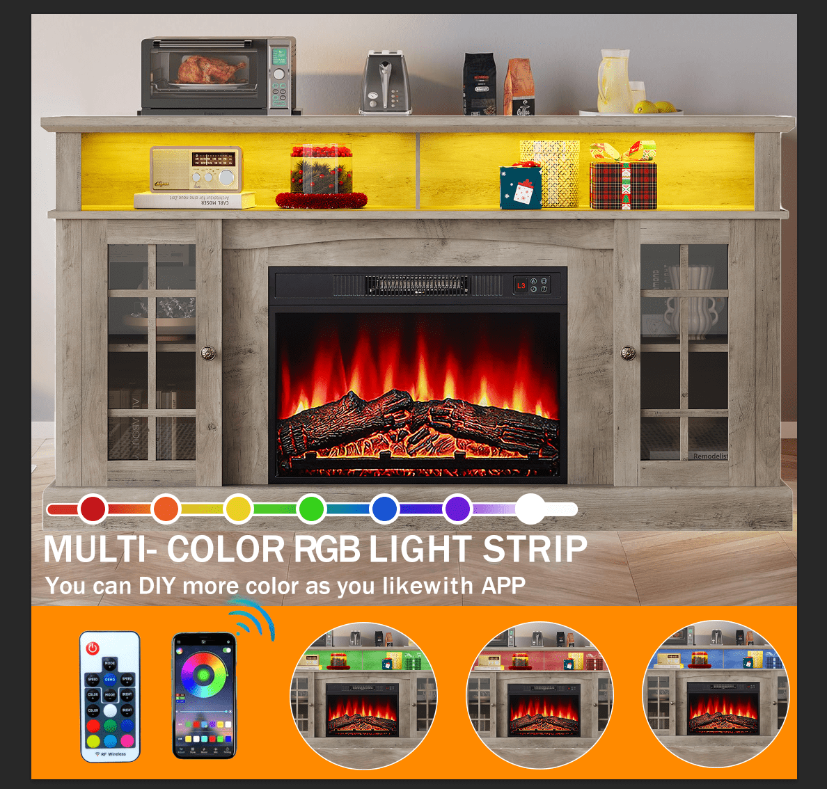 SESSLIFE Fireplace TV Stand for 65 Inch TV, LED TV Console with 23''Electric Fireplace, Entertainment Center Television Table for Living Room or Bedroom, Wash Gray