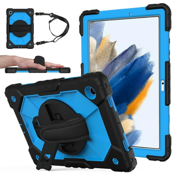 Case for Samsung Galaxy Tab A8 10.5" 2022 SM-X200/X205/X207, Rugged Shockproof Case with Crossbody Strap & Pencil Holder [360° Rotating Hand Strap] & Stand, Case for Tab A8 2022, Black Blue