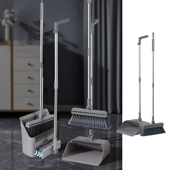3-in-1 Broom and Dustpan Set | 33" Stainless Steel Handle | Space-Saving Stand-Up Design | Heavy-Duty 3-Layer Bristles | Built-In Hair Comb | White/Gray | 1-Piece Set