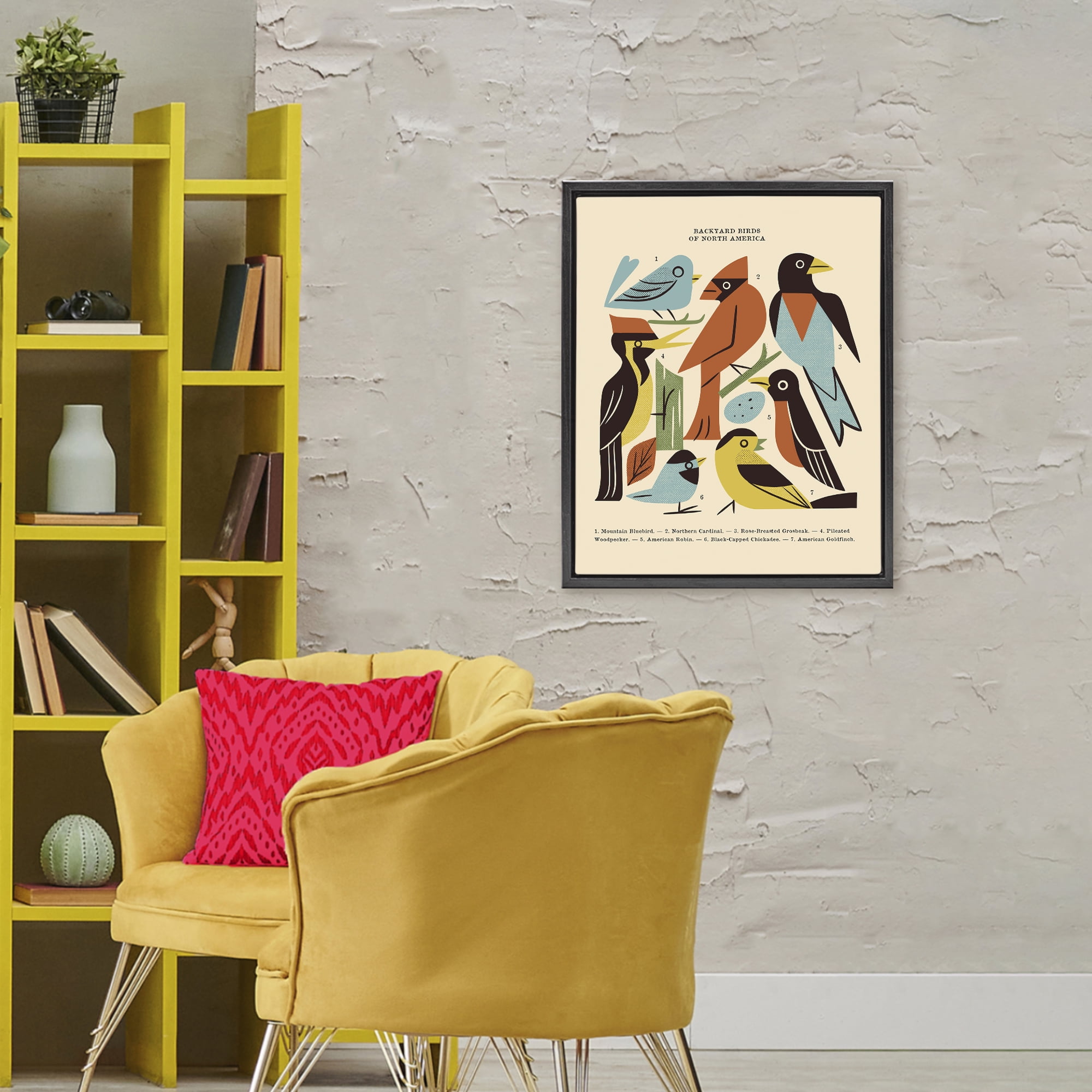 Backyard Birds Midcentury Modern Black Framed Floater Canvas Wall Art, design by Renea L. Thull