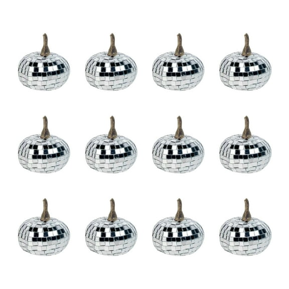 yulier 12 Pack Silver Pumpkins Fall Decor, Mini Artificial Pumpkins, Foam Glitter Mirror Pumpkins Decorations Halloween Thanksgiving Fall Table Centerpiece, 1.7" x 2"