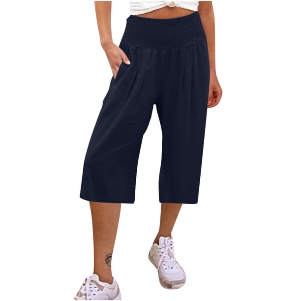 Pantalones Capri de algodón para mujer, talla grande, holgados, de pierna ancha, cintura alta, rectos, informales, color azul marino